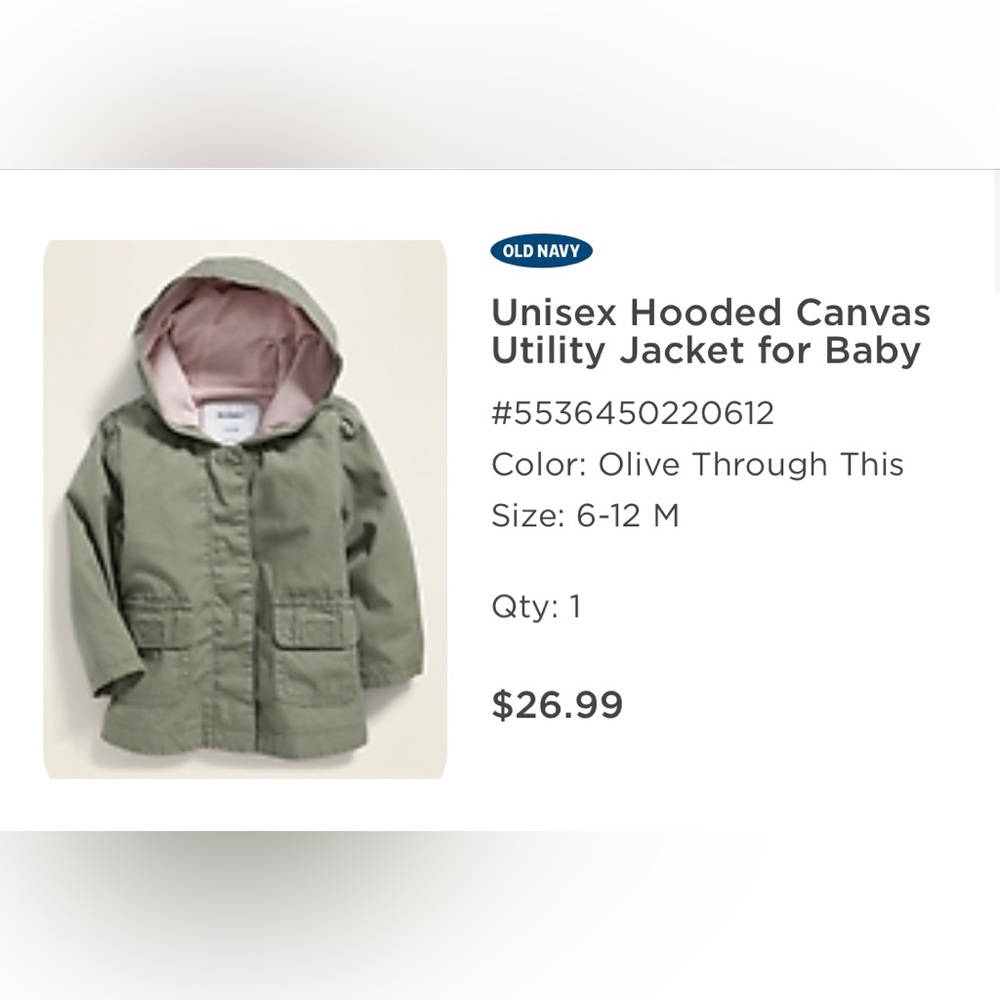 Old Navy Olive green jacket with pink lining rain jacket, size 6-12